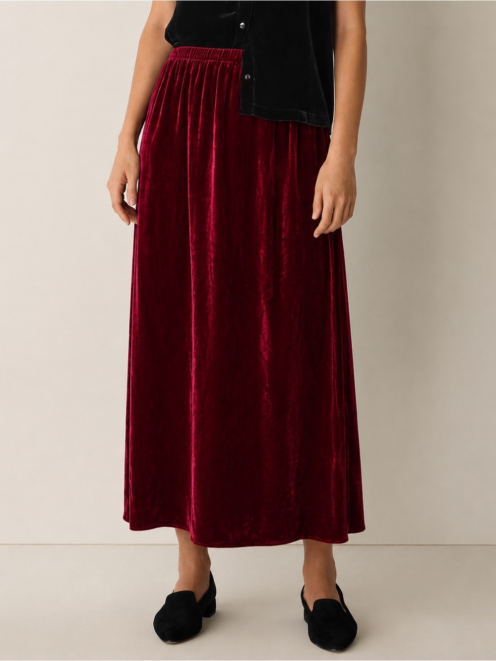 NWT Eileen Fisher Velvet Flared Skirt Easy Fit, Full Length Maxi Skirt Ruby Sz L